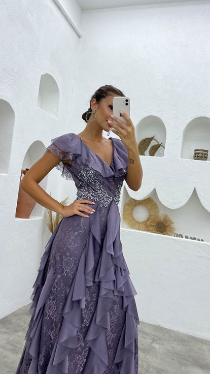 Lilac Ruffle Detail Stone Embroidered Design Evening Dress