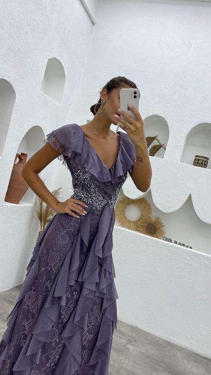 Lilac Ruffle Detail Stone Embroidered Design Evening Dress
