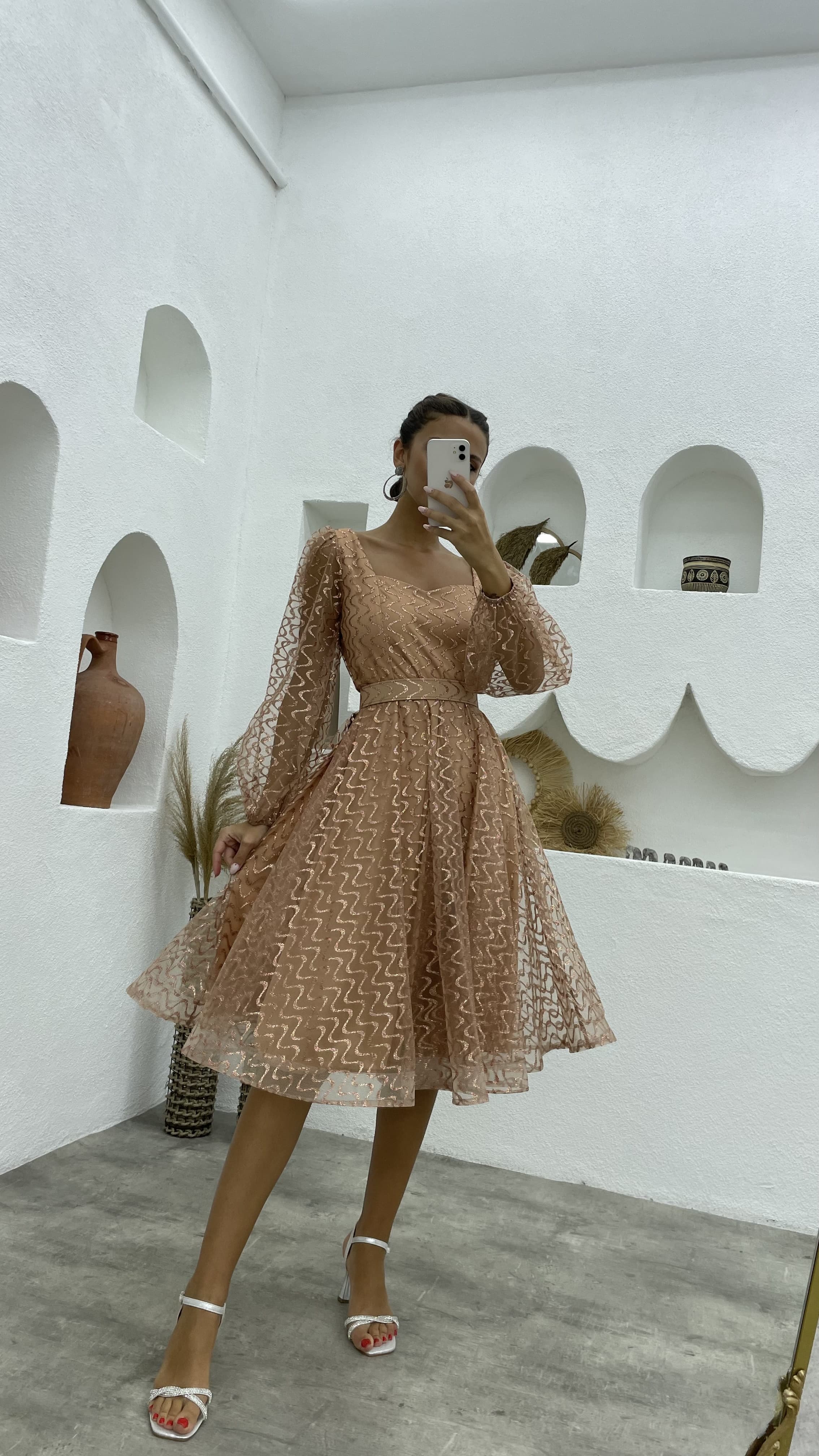 Salmon Balloon Sleeve U Neck Belted Evening Dress