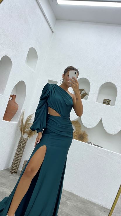 Yeşil Tek Kol Kemerli Abiye Elbise