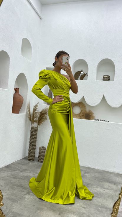 Green One Sleeve Draped Embellished Evening Dress
