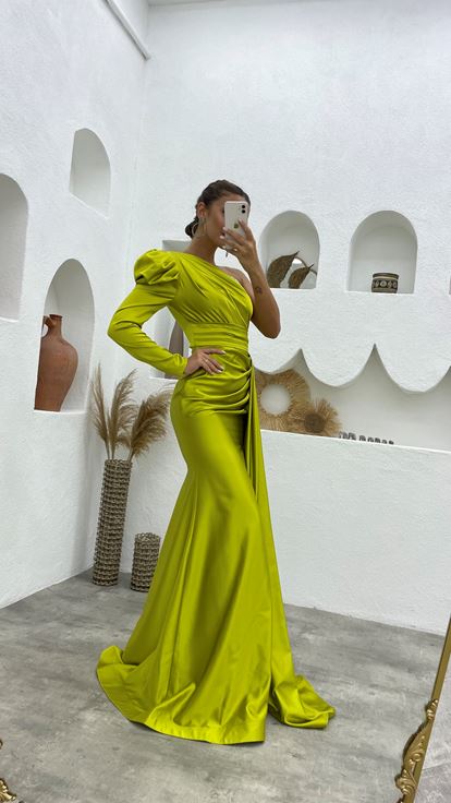 Green One Sleeve Draped Embellished Evening Dress