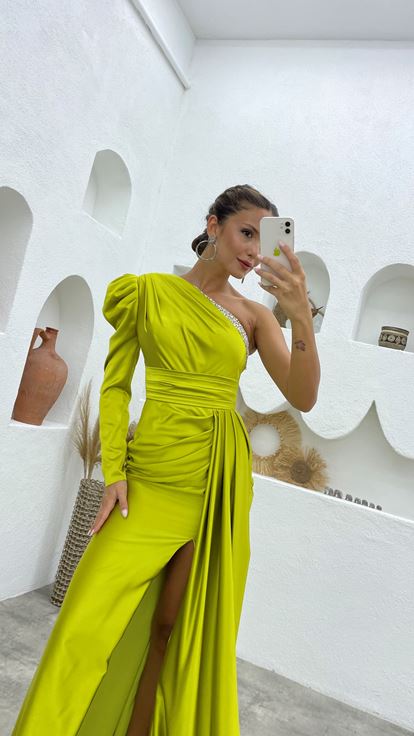 Green One Sleeve Draped Embellished Evening Dress