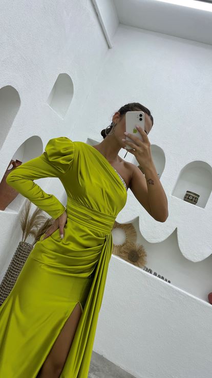 Green One Sleeve Draped Embellished Evening Dress