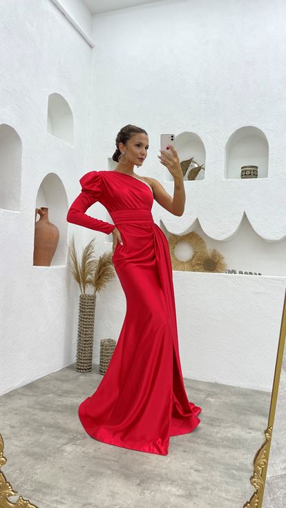 Claret Red Single Sleeve Draped Stone Design Evening Dress