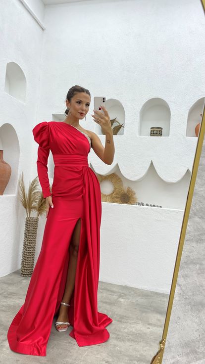 Claret Red Single Sleeve Draped Stone Design Evening Dress