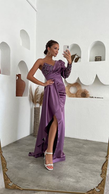 Plum Single Sleeve Frilly Satin Design Evening Dress