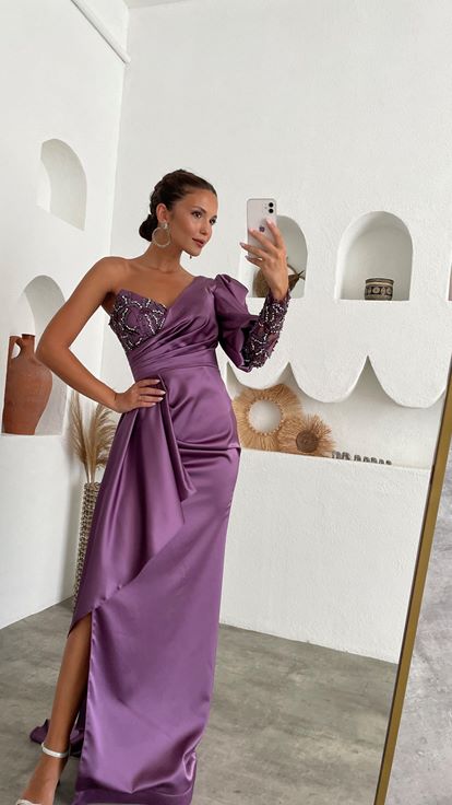 Plum Single Sleeve Frilly Satin Design Evening Dress