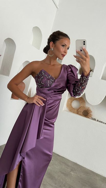 Plum Single Sleeve Frilly Satin Design Evening Dress