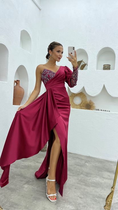 Claret Red One Sleeve Frilly Satin Design Evening Dress