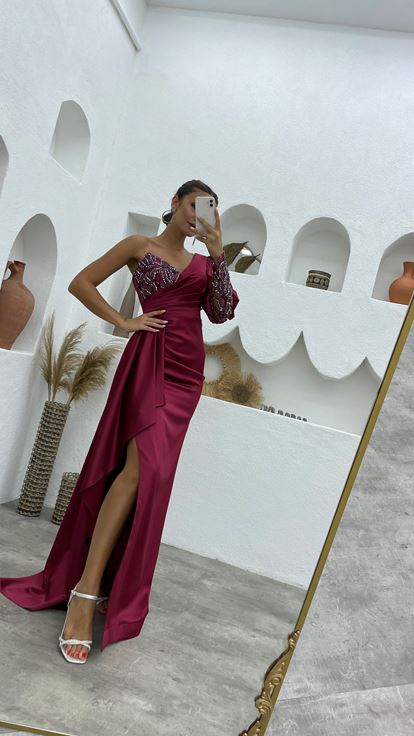 Claret Red One Sleeve Frilly Satin Design Evening Dress