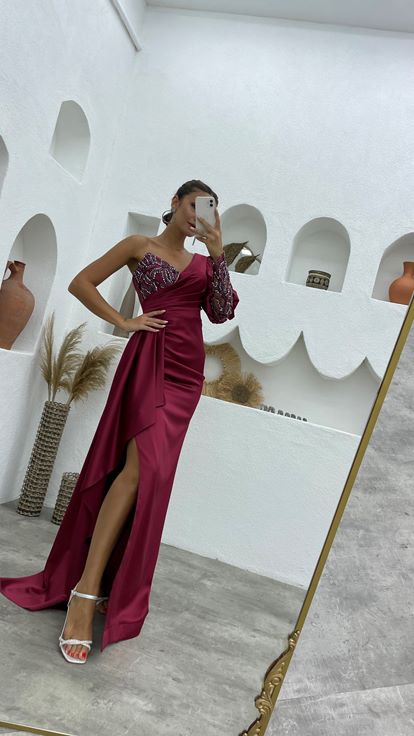 Claret Red One Sleeve Frilly Satin Design Evening Dress