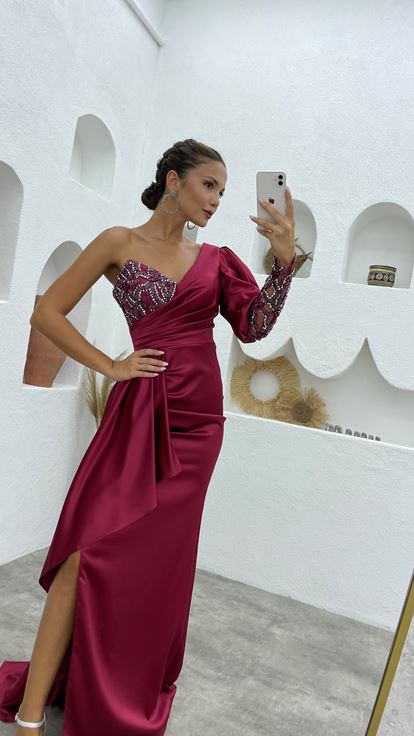 Claret Red One Sleeve Frilly Satin Design Evening Dress