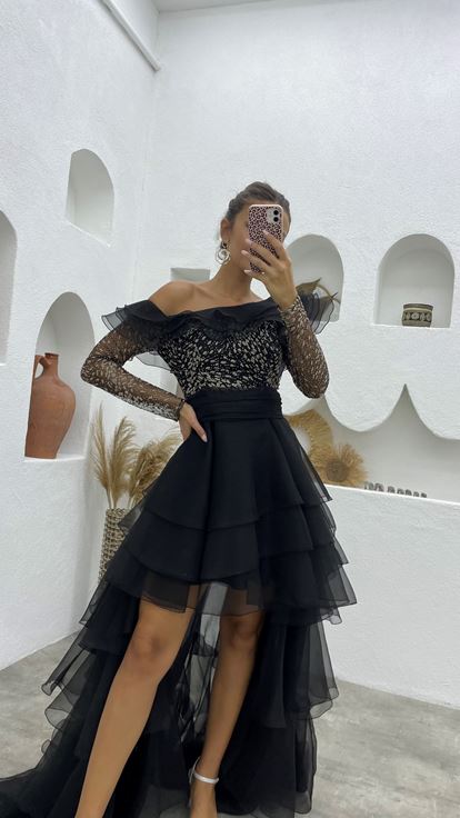 Black Glittery Layered Tulle Design Evening Dress