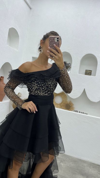 Black Glittery Layered Tulle Design Evening Dress