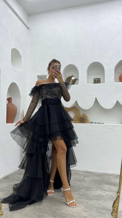 Black Glittery Layered Tulle Design Evening Dress