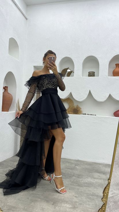 Black Glittery Layered Tulle Design Evening Dress