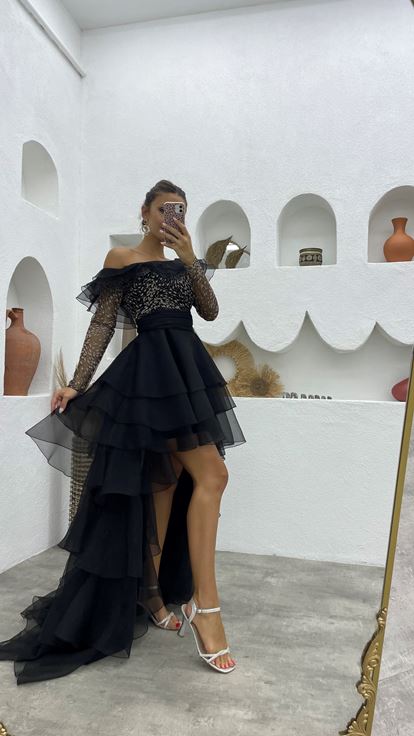 Black Glittery Layered Tulle Design Evening Dress