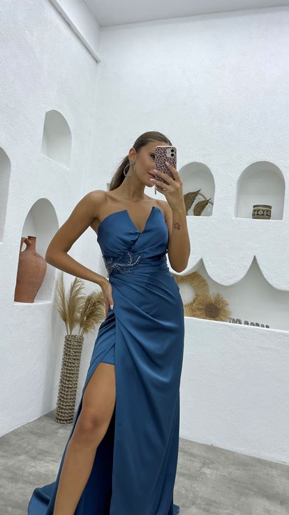 Indigo Waist Detail Strapless Design Evening Dress