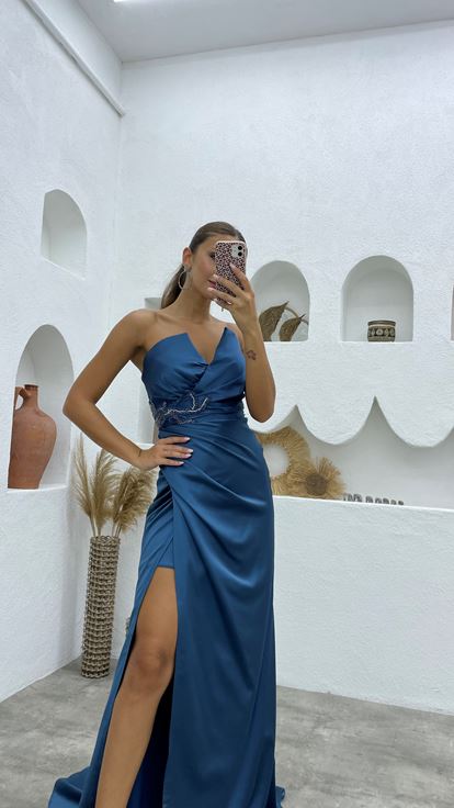 Indigo Waist Detail Strapless Design Evening Dress