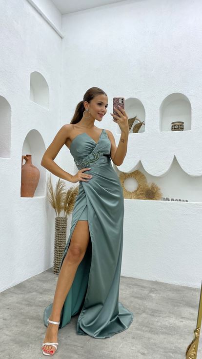 Mint Green Waist Detail Strapless Design Evening Dress