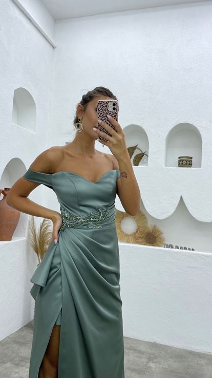 Mint Green Flounce Strapless Design Evening Dress