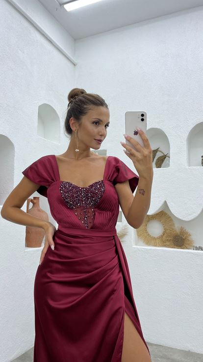 Claret Red Embroidered Detailed Cape Satin Evening Dress