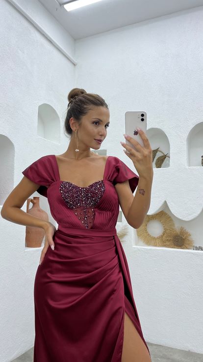 Claret Red Embroidered Detailed Cape Satin Evening Dress