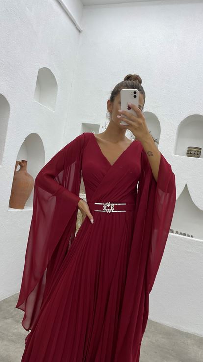 Bordo Kruvaze Yaka Kemerli Piliseli Sifon Abiye Elbise