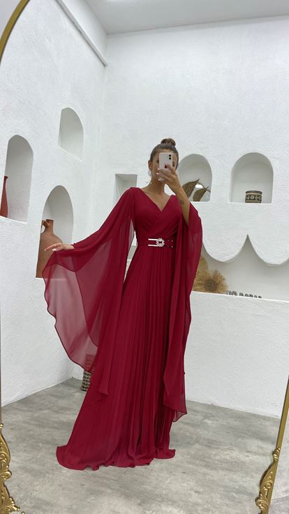 Bordo Kruvaze Yaka Kemerli Piliseli Sifon Abiye Elbise