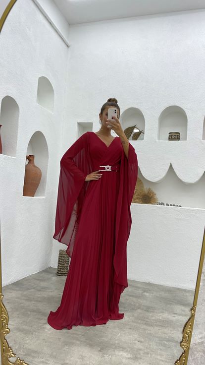 Bordo Kruvaze Yaka Kemerli Piliseli Sifon Abiye Elbise