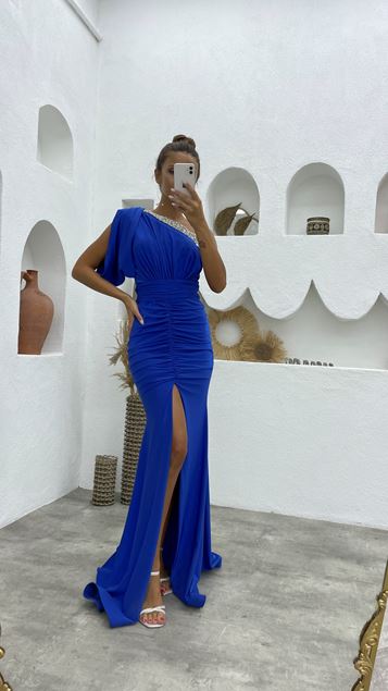 Saks Single Sleeve Brodé Cordon de Serraguon Satin Robe de soirée