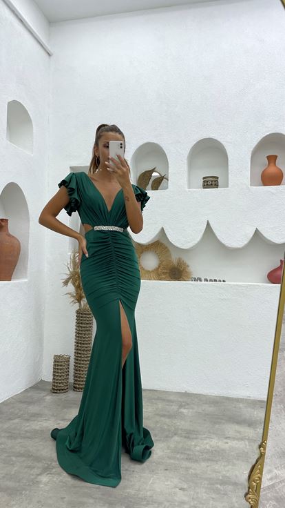 Green Satin Evening Dress with Ruffled Sleeves and Gathered Belt