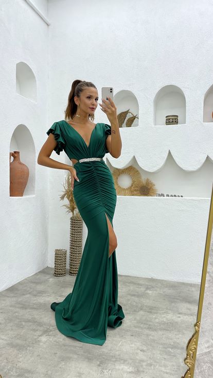 Green Satin Evening Dress with Ruffled Sleeves and Gathered Belt