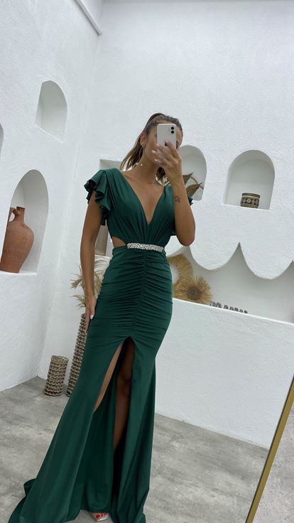 Green Satin Evening Dress with Ruffled Sleeves and Gathered Belt