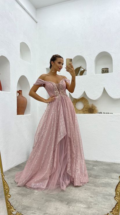 Pembe İşlemeli Simli Tül Abiye Elbise