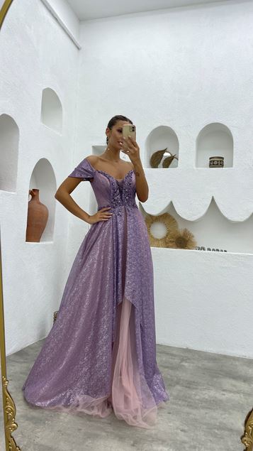 Lilac Embroidery Detail Glittered Tulle Evening Dress