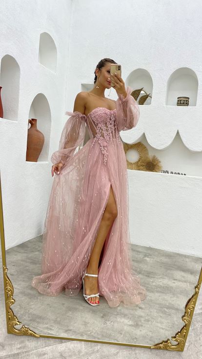 Powder Embroidered Detail Tulle Evening Dress