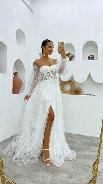 White Embroidered Detail Tulle Evening Dress