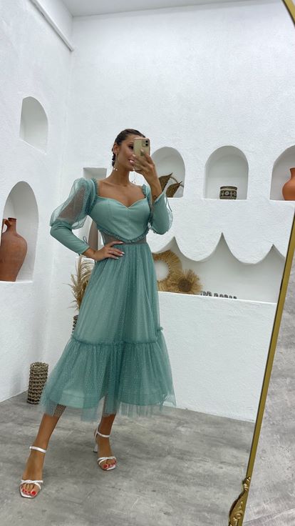 Mint Yeşili Balon Kol Simli Tül Abiye Elbise