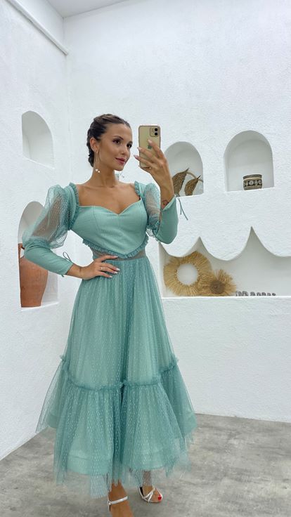 Mint Yeşili Balon Kol Simli Tül Abiye Elbise