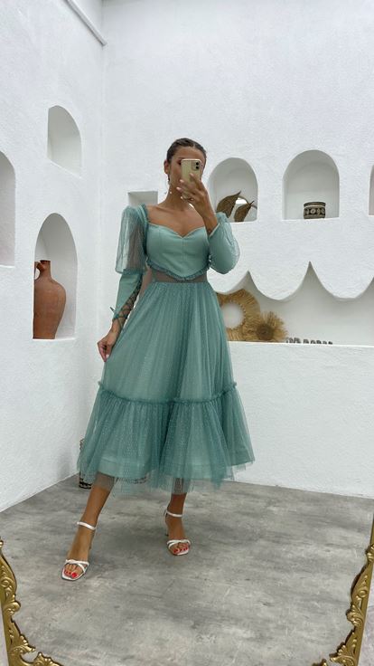 Mint Yeşili Balon Kol Simli Tül Abiye Elbise