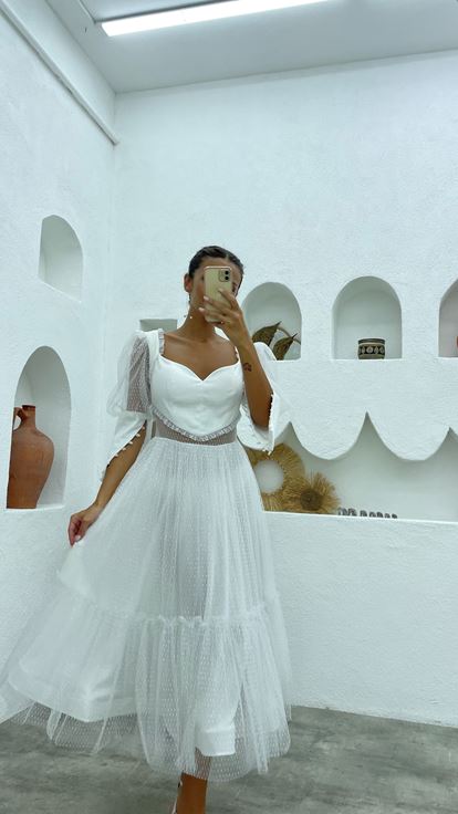 Beyaz Balon Kol Simli Tül Abiye Elbise