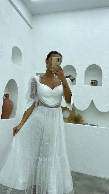 Beyaz Balon Kol Simli Tül Abiye Elbise