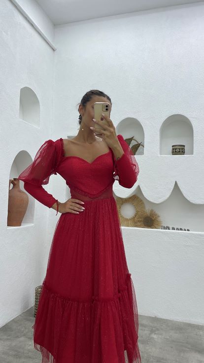 Kırmızı Balon Kol Simli Tül Abiye Elbise
