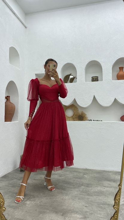 Kırmızı Balon Kol Simli Tül Abiye Elbise