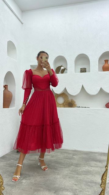 Red Balloon Sleeve Glitter Tulle Abito da sera