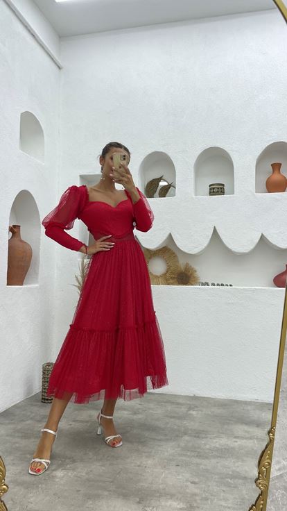 Kırmızı Balon Kol Simli Tül Abiye Elbise