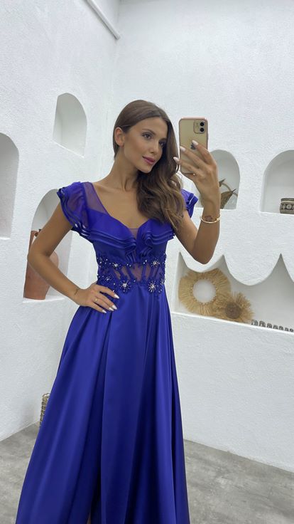 Blue Flywheel Detail Embroidered Satin Evening Dress