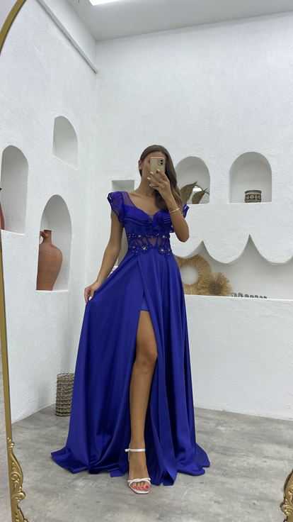 Blue Flywheel Detail Embroidered Satin Evening Dress